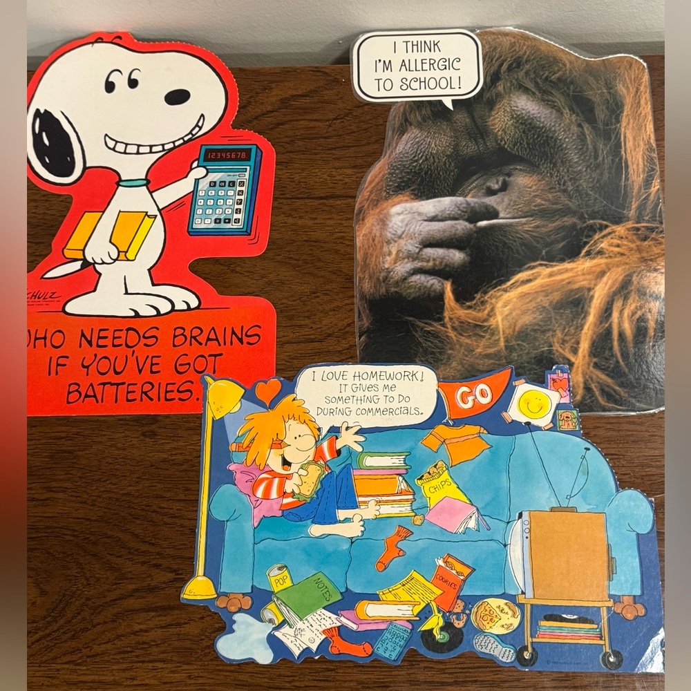 THREE Vintage Hallmark Cartoon Small Classroom Decor Sign Humor Snoopy Orangutan